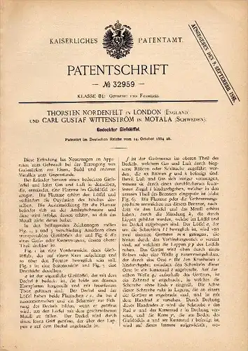 Original Patent - C.G. Wittenström in Motala , Schweden , 1884 , Apparat für Giesserei , Eisen , London , Nordenfelt !!!