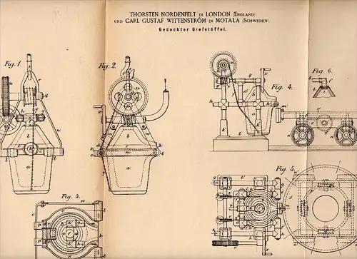 Original Patent - C.G. Wittenström in Motala , Schweden , 1884 , Apparat für Giesserei , Eisen , London , Nordenfelt !!!