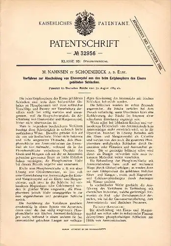 Original Patent - M. Nahnsen in Schönebeck a. Elbe , 1884 , Eisenoxydul aus Schlacke , Chemie , Dünger , Landwirtschaft