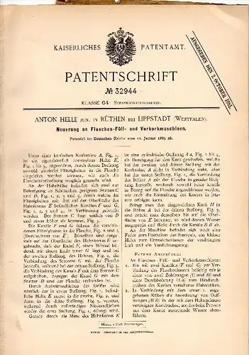Original Patent - Anton Helle in Rüthen b. Lippstadt , 1885 , Zapfhahn , Kork , Kneipe , Brauerei , Soest !!!