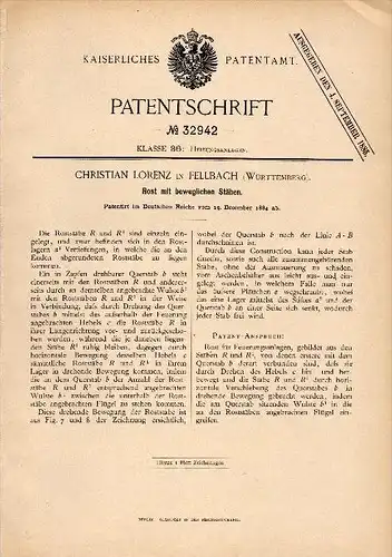 Original Patent - Christian Lorenz in Fellbach i. Württemberg , 1884 , beweglicher Rost , Heizung , Heizungsbau !!!