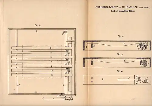 Original Patent - Christian Lorenz in Fellbach i. Württemberg , 1884 , beweglicher Rost , Heizung , Heizungsbau !!!