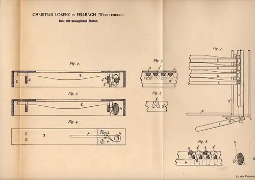 Original Patent - Christian Lorenz in Fellbach i. Württemberg , 1884 , beweglicher Rost , Heizung , Heizungsbau !!!