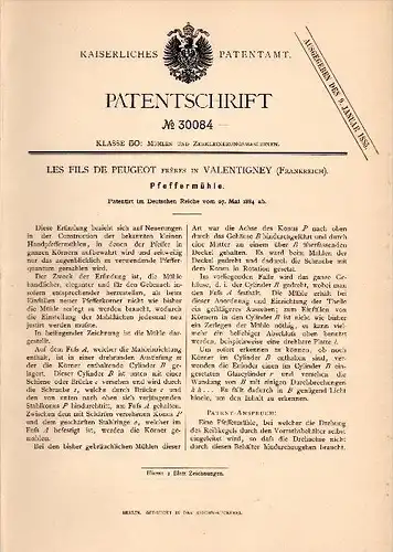 Original Patent - Les Fils de Peugeot freres dans Valentigney , 1884 , moulin à poivre !!!