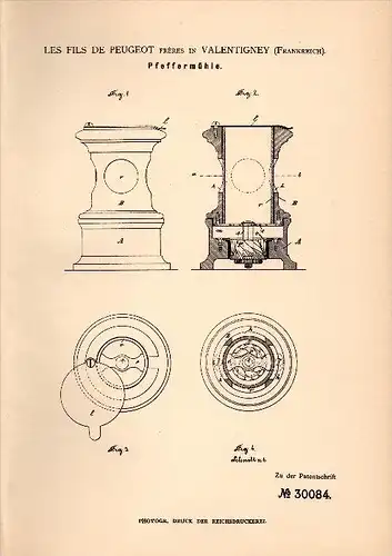 Original Patent - Les Fils de Peugeot freres dans Valentigney , 1884 , moulin à poivre !!!