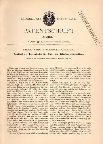 Original Patent - Stefan Seidl in Moosburg , Bayern , 1884 , Putzmaschine für Mais und Getreide , Landwirtschaft !!!