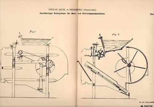 Original Patent - Stefan Seidl in Moosburg , Bayern , 1884 , Putzmaschine für Mais und Getreide , Landwirtschaft !!!