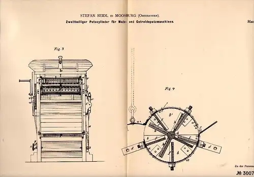 Original Patent - Stefan Seidl in Moosburg , Bayern , 1884 , Putzmaschine für Mais und Getreide , Landwirtschaft !!!