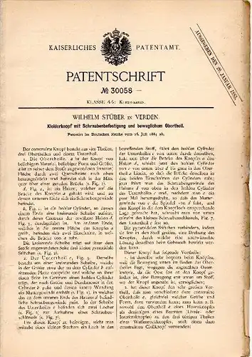 Original Patent - Wilhelm Stüber in Verden , 1884 , schraubbarer Kleiderknopf , Knopf , Knöpfe !!!