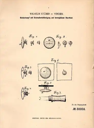 Original Patent - Wilhelm Stüber in Verden , 1884 , schraubbarer Kleiderknopf , Knopf , Knöpfe !!!