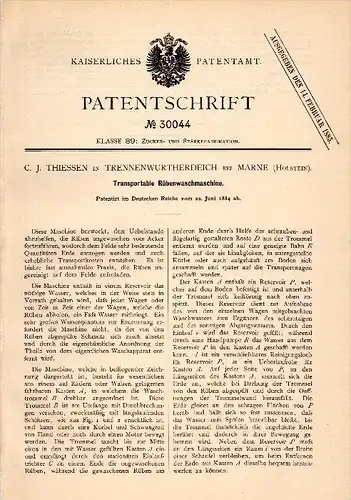 Original Patent - C.J. Thiessen in Trennenwurtherdeich b. Marne , 1884 , Rübenwaschmaschine , Agrar , Trennewurth !!!