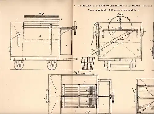 Original Patent - C.J. Thiessen in Trennenwurtherdeich b. Marne , 1884 , Rübenwaschmaschine , Agrar , Trennewurth !!!