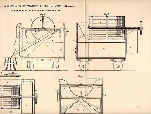 Original Patent - C.J. Thiessen in Trennenwurtherdeich b. Marne , 1884 , Rübenwaschmaschine , Agrar , Trennewurth !!!