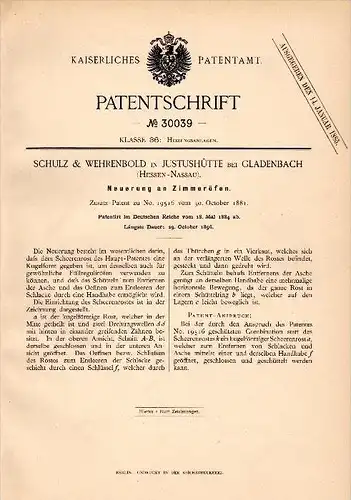 Original Patent - Schulz & Wehrenbold in Justushütte b. Gladbach , 1884 , Zimmerofen , Heizung , Ofen , Heizungsbau !!!
