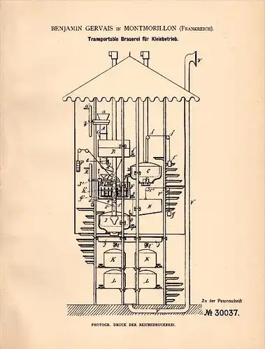Original Patent - B. Gervais dans Montmorillon , 1884 , brasserie portable , l'alcool , caserne !!!