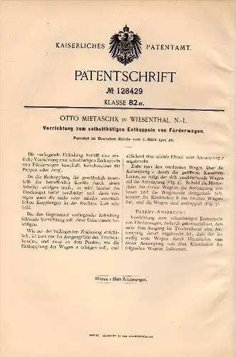 Original Patent - Otto Mietaschk in Wiesenthal N.-L., 1901, Kupplung für Förderwagen !!!