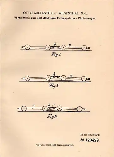 Original Patent - Otto Mietaschk in Wiesenthal N.-L., 1901, Kupplung für Förderwagen !!!