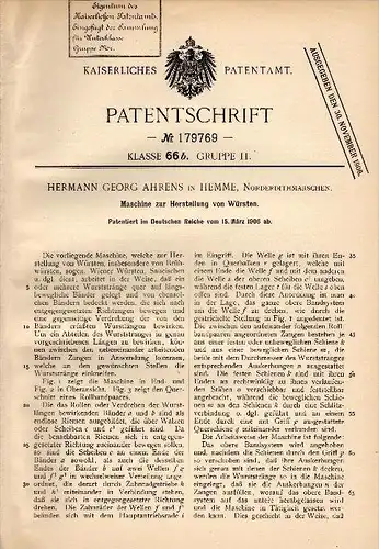 Original Patentschrift - H.G. Ahrens in Hemme , Dithmarschen , 1906 , Maschine für Wurst , Metzger , Fleischer , Wiener