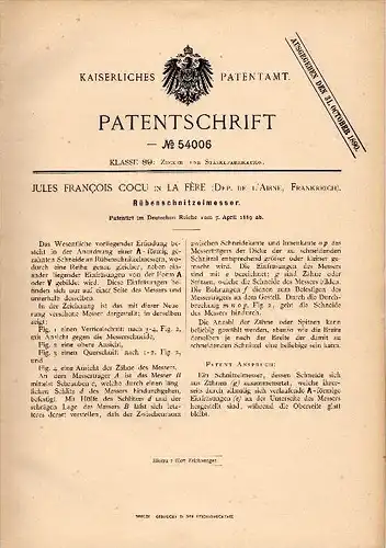 Original Patentschrift - J. F. Cocu dans La Fère , Aisne , 1889 , Couteaux pour la betterave, la production de sucre !!!