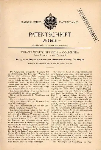 Original Patentschrift -Johann M. Pietzsch in Golberode / Bannewitz , 1890 , Bremse für Kutsche , Pferdewagen , Droschke