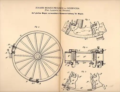 Original Patentschrift -Johann M. Pietzsch in Golberode / Bannewitz , 1890 , Bremse für Kutsche , Pferdewagen , Droschke