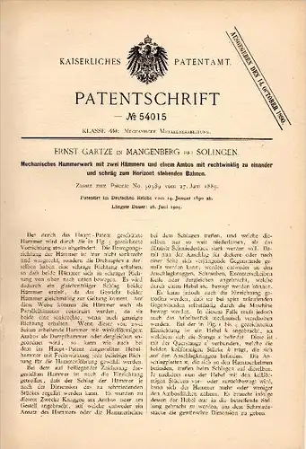 Original Patentschrift - Ernst Gartze in Mangenberg b. Solingen , 1890 , Mechanisches Hammerwerk , Metallbau !!!