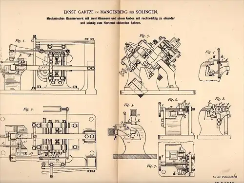 Original Patentschrift - Ernst Gartze in Mangenberg b. Solingen , 1890 , Mechanisches Hammerwerk , Metallbau !!!