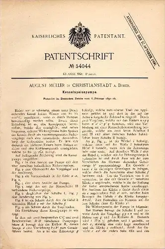 Original Patentschrift - August Müller in Christianstadt a. Bober , 1890 , Kesselspeisepumpe , Krzystkowice !!!