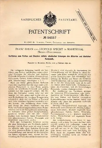 Original Patentschrift - F. Erban und L. Specht in Marienthal b. Gramatneusiedl ,1890, Verfahren zum Färben und Drucken
