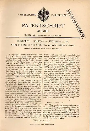 Original Patentschrift - E. Wecken in Schinna b. Stolzenau a.W. , 1890 , Pflug zum Roden von Rüben , Landwirtschaft !!!