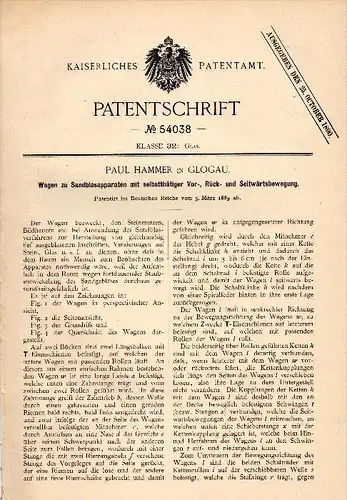 Original Patentschrift - Paul Hammer in Glogau / G&#322;ogów , 1889 , Apparat zum Blasen mit Sand , Bildhauer , Steinmet