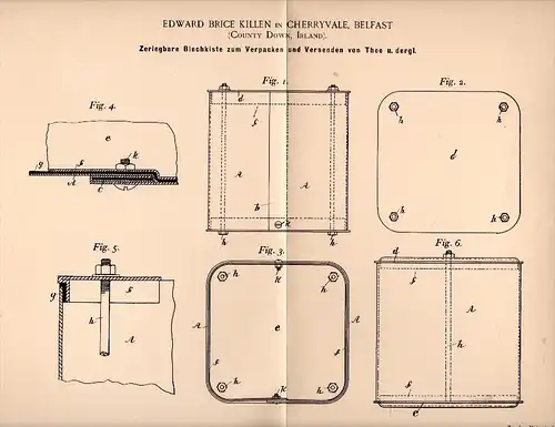 Original Patentschrift - E.B. Killen in Cherryvale , Belfast , 1892 , Box for tea, Tea Chest , Teekiste , Ireland !!!