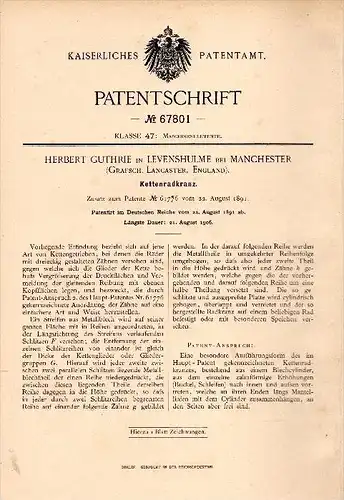 Original Patentschrift - H. Guthrie in Levenshulme , 1891 , Rim of chains , Manchester !!!