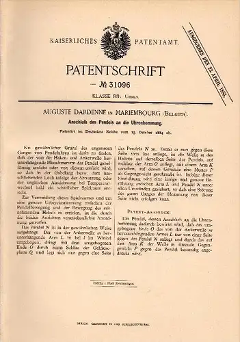 Original Patentschrift - Auguste Dardenne in Mariembourg / Couvin , 1884 , Pendel für Uhr , Hemmung !!!