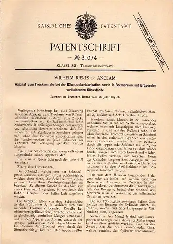Original Patentschrift - Wilhelm Riekes in Anklam i. Meckl., 1884 , Trockenapparat für Zuckerfabrik , Brauerei , Alkohol