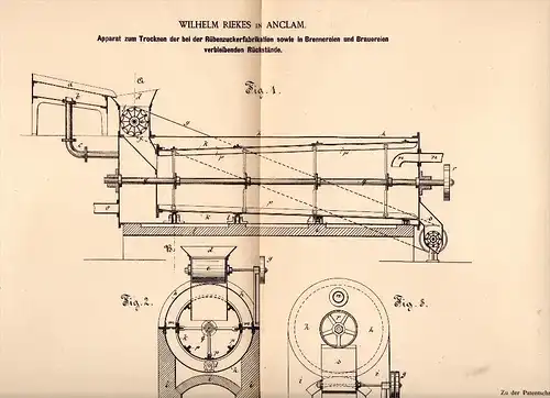 Original Patentschrift - Wilhelm Riekes in Anklam i. Meckl., 1884 , Trockenapparat für Zuckerfabrik , Brauerei , Alkohol