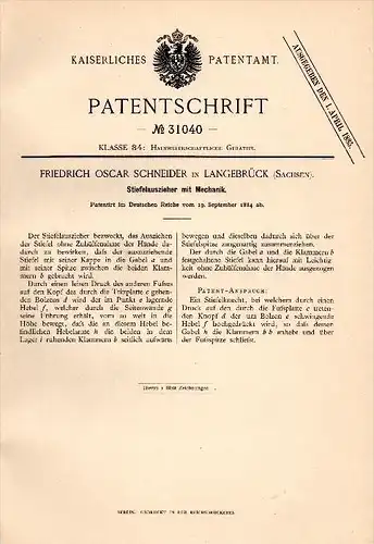 Original Patentschrift - F.O. Schneider in Langebrück b Dresden , 1884 , Stiefelauszieher mit Mechanik , Schuhe !!!