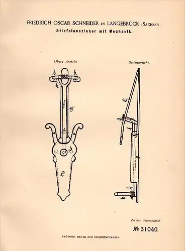 Original Patentschrift - F.O. Schneider in Langebrück b Dresden , 1884 , Stiefelauszieher mit Mechanik , Schuhe !!!