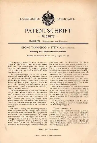 Original Patentschrift - Georg Tanasesco in Steyr , Gewehr - Cylinderverschluß , Waffe , Jagd , Militär !!!