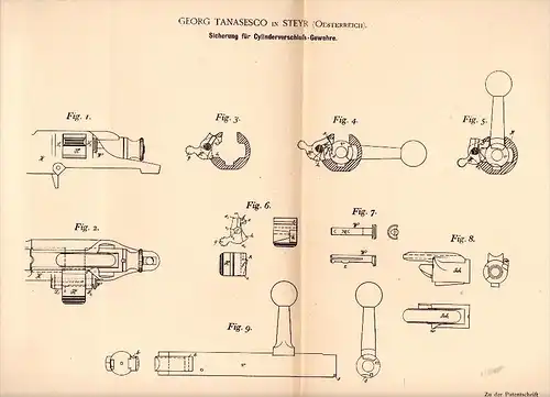 Original Patentschrift - Georg Tanasesco in Steyr , Gewehr - Cylinderverschluß , Waffe , Jagd , Militär !!!