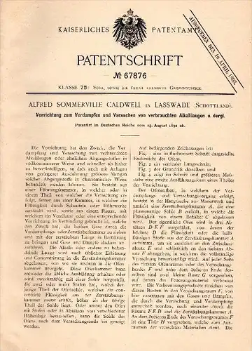 Original Patentschrift - A. Sommerville Caldwell in Lasswade , Scotland , 1892 , Apparatus for evaporation of alkalis !!