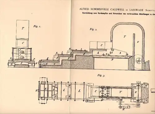 Original Patentschrift - A. Sommerville Caldwell in Lasswade , Scotland , 1892 , Apparatus for evaporation of alkalis !!