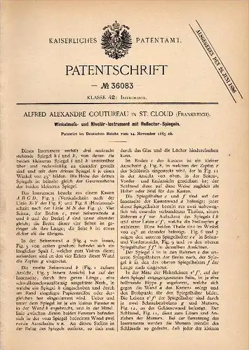Original Patentschrift - A. Coutureau dans Saint Cloud , 1885 , Dispositif de mise à niveau et l'angle mesure