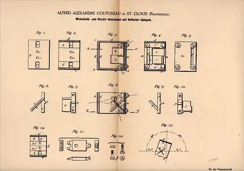 Original Patentschrift - A. Coutureau dans Saint Cloud , 1885 , Dispositif de mise à niveau et l'angle mesure