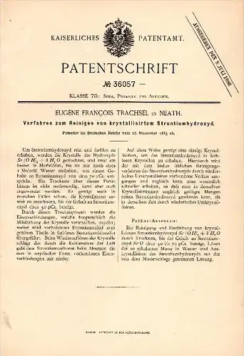 Original Patentschrift - Eugene Francois Trachsel in Neath , Wales , 1885 , Purification of strontium hydroxide, sodium