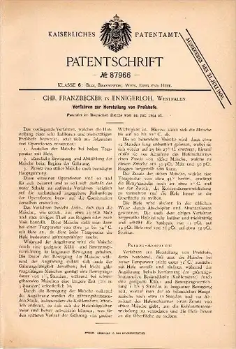 Original Patentschrift - Chr. Franzbecker in Ennigerloh , 1894 , Hefe - Herstellung , Brauerei , Alkohol , Wein , Bier !