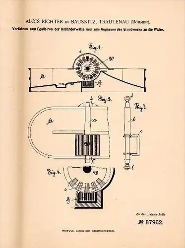 Original Patentschrift -Alois Richter in Bausnitz b. Trautenau / Trutnov , 1895 , Egalisieren der Papierwalze , Papier !