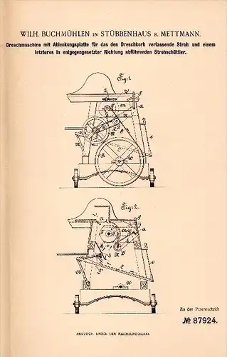 Original Patentschrift - W. Buchmühlen in Stübbenhaus b. Mettmann , 1896 , Dreschmaschine , Landwirtschaft , Agrar !!!