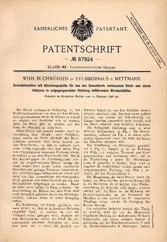 Original Patentschrift - W. Buchmühlen in Stübbenhaus b. Mettmann , 1896 , Dreschmaschine , Landwirtschaft , Agrar !!!