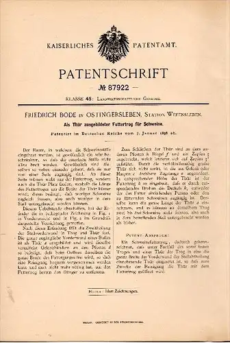 Original Patentschrift - Friedrich Bode in Ingersleben , 1896 , Futtertrog für Schweine , Flechtingen , Schweinestall !!